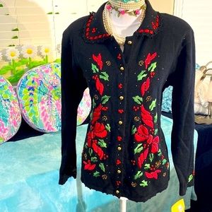 NEW with tags! Arriviste black cardigan sweater with red ribbon & beaded trim